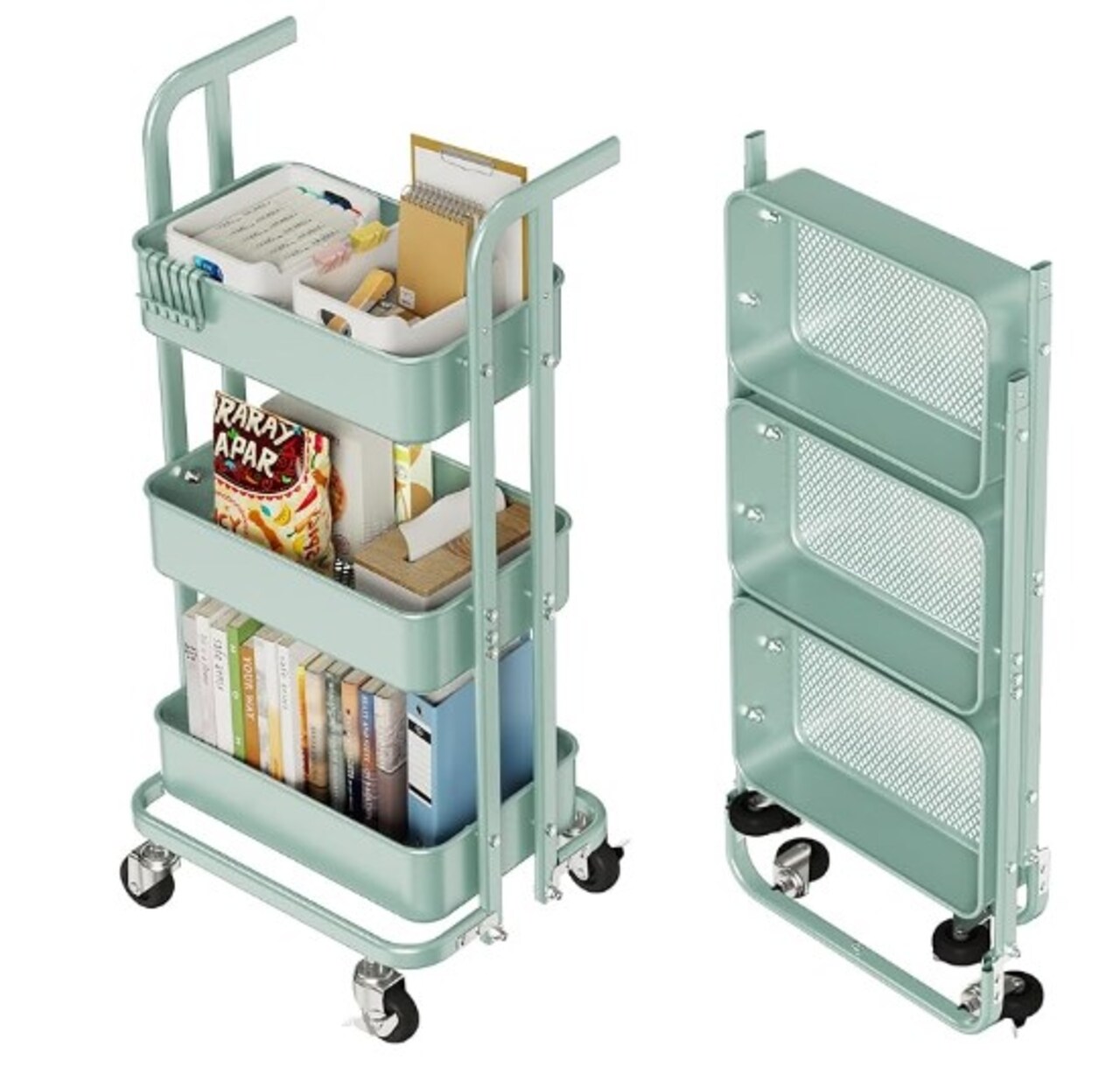 3 Tier Mini Foldable Rolling Cart, Metal Utility Cart with Wheels, 3 Hanging Cups and 6 Hooks, Folding Trolley for Living Room, Kitchen, Bathroom, Bedroom, and Office, Green, Small